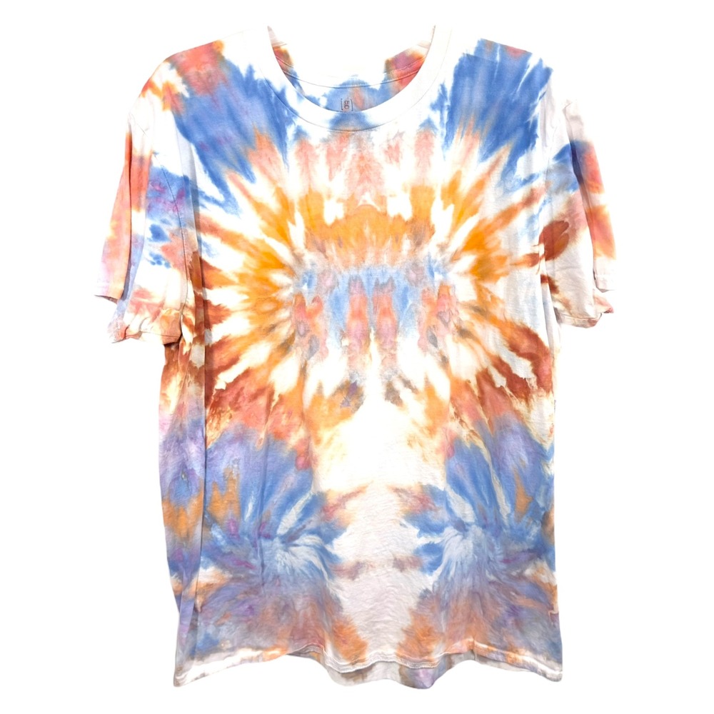 George XL Top Handmade Tie Dye T-Shirt Short Sleeve Blue Orange White Cotton 801